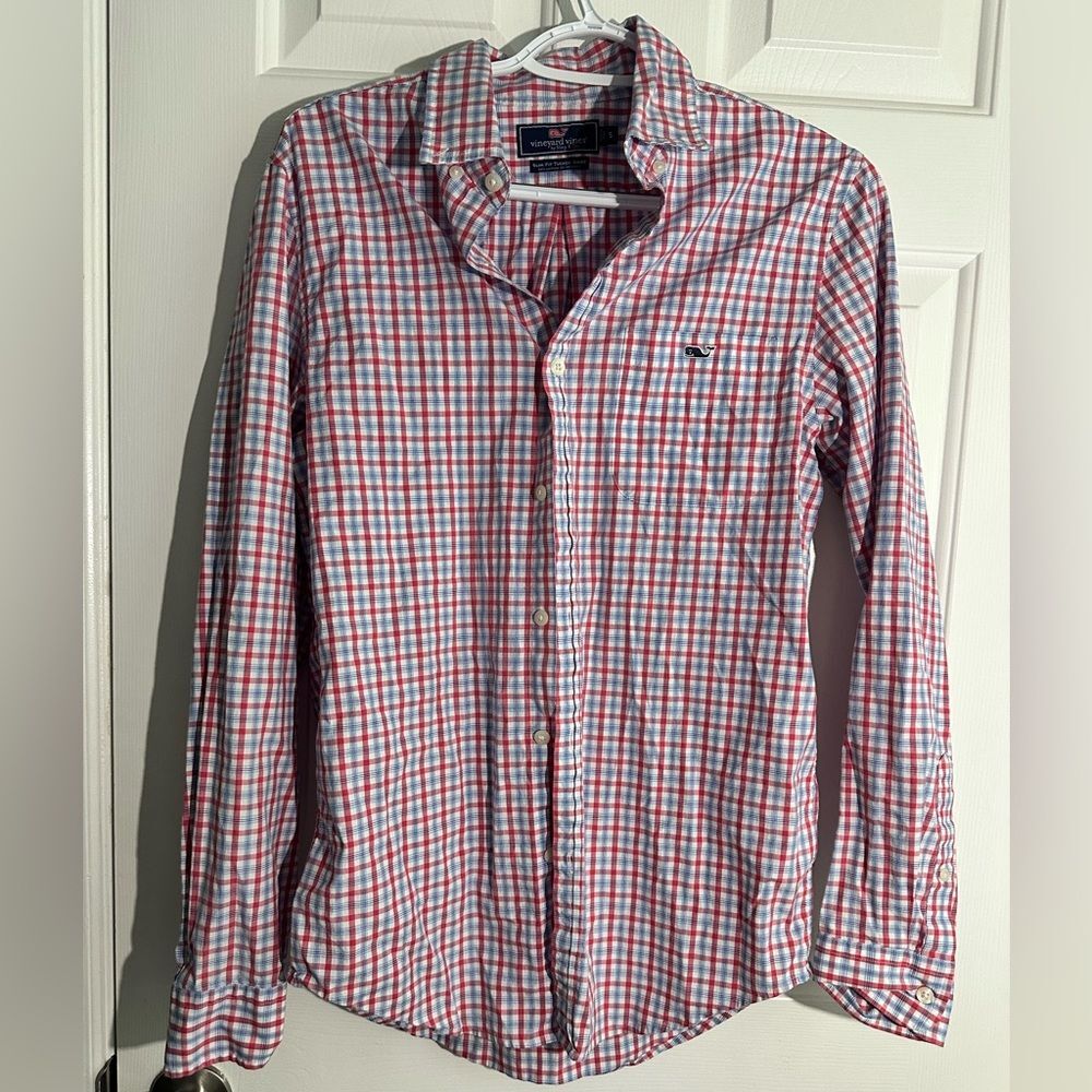 Vineyard Vines Mens Small Tucker Shirt Slim Fit Red & Blue Plaid Button Down